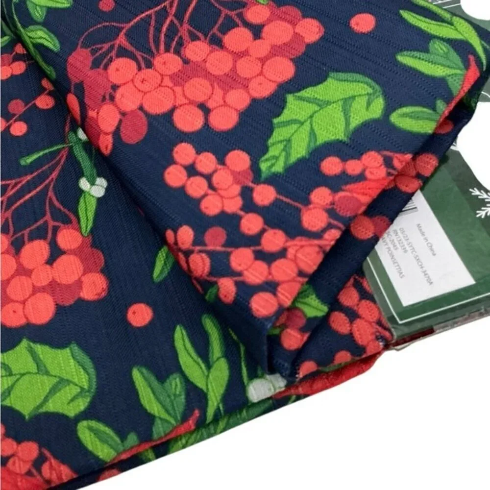Christmas Shower Curtain Holiday Poinsettias Fabric Classic Navy Blue 70x72 In
